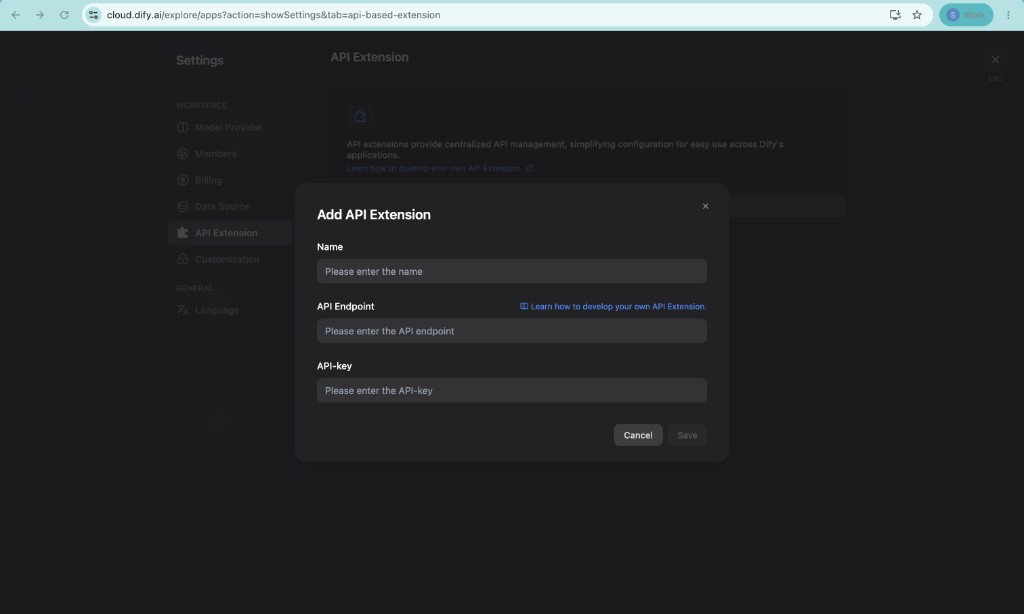 Dify Add API Extension dialog with Name, API Endpoint, and API-key fields